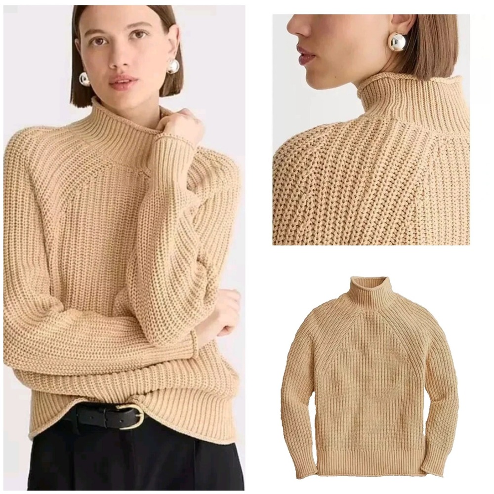 J.Crew Mock Neck Tan Cotton Ribbed Raglan Sweater BE159 WMS M Chunky Old Money